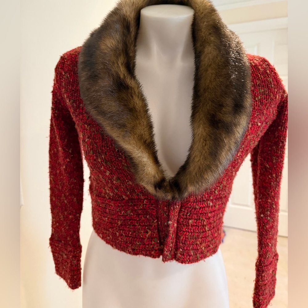 Fabulous Furs Red Tweed Sweater with Brown Fur Collar